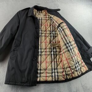 Burberry London Coat Mens Large Black Nova Check Quilted Lined Rain Nylon